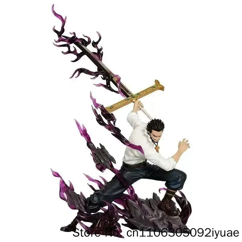 Mihawk PVC action figure 35cm showcasing dynamic pose with long sword and vibrant effects.