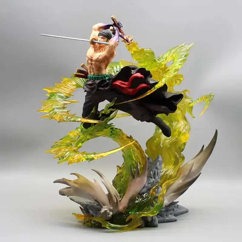 Anime One Piece 30cm Gk Battle Onijima War Figure Roronoa Zoro in dynamic pose with sword and colorful base.