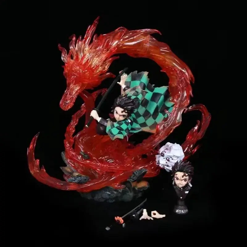 Demon Slayer Tanjiro Kamado statue featuring Tanjiro with a fiery dragon, colorful details and dynamic pose