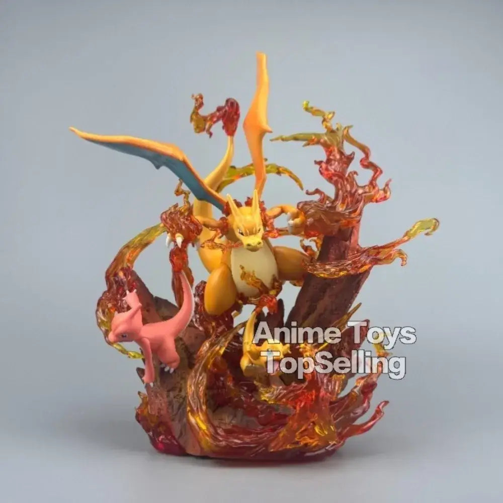 Charizard Pokemon figure statue featuring Charizard and a pink Pokémon surrounded by flames.