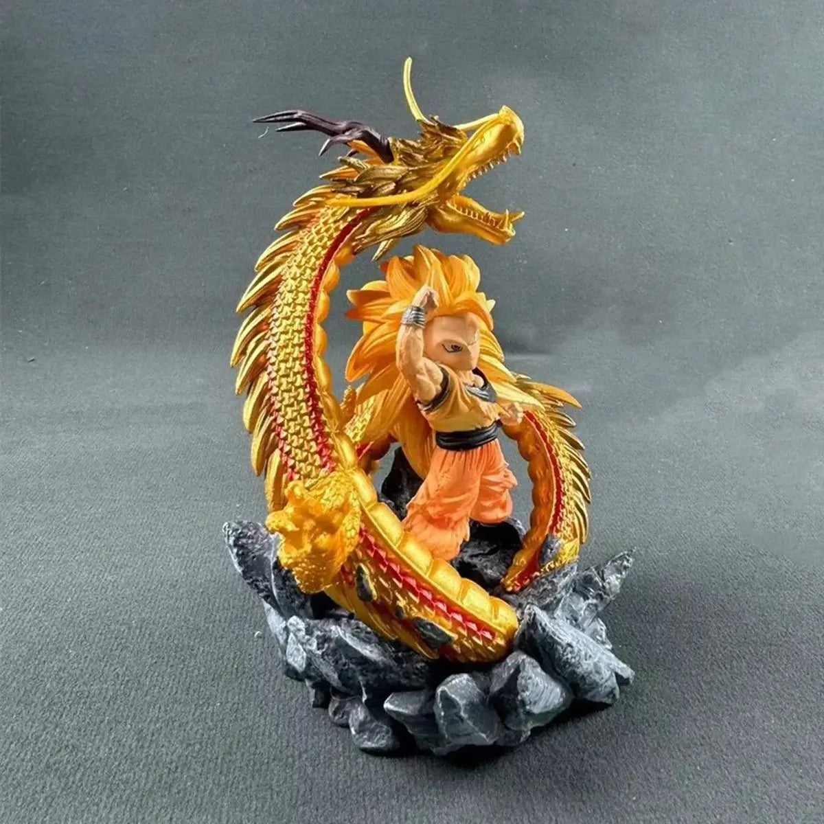 Dragon Ball SSJ3 Goku Action Figures in dynamic pose with dragon, detailed collectible, 14CM height.