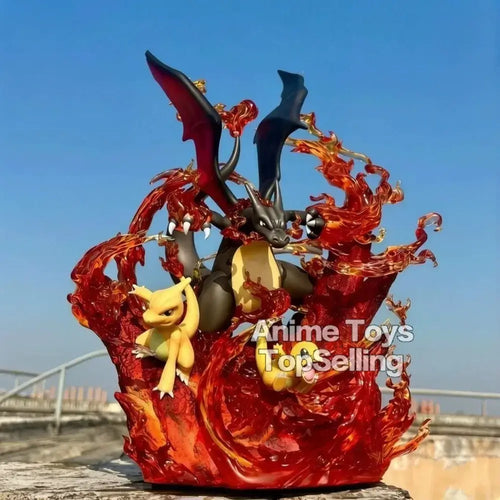 Charizard Pokemon figure statue featuring Charizard with flames and Pikachu, ideal for collectors.