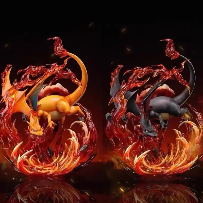 Anime Pokemon Charizard action figure in dynamic pose with fiery background, collectible statue for action figure enthusiasts.
