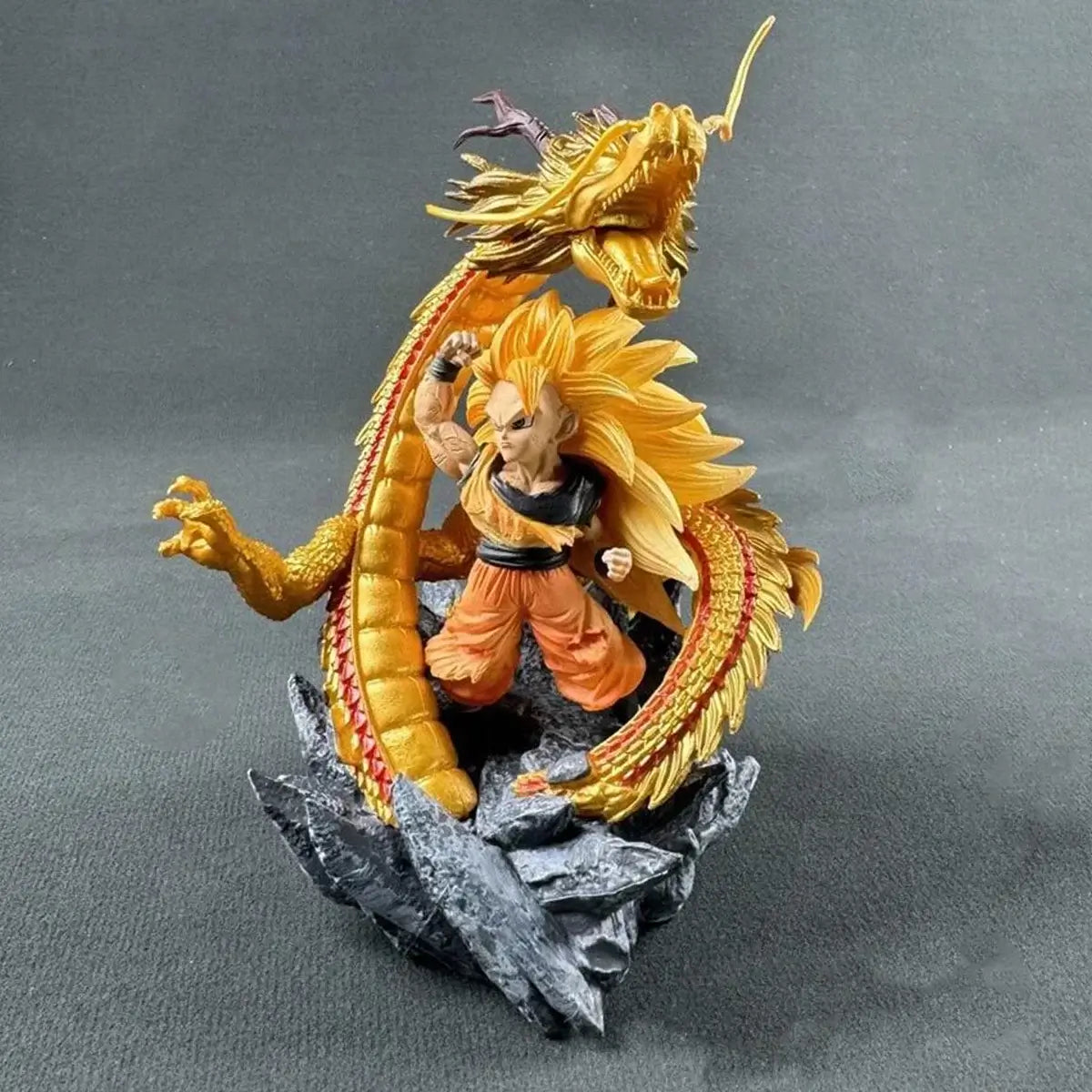 Dragon Ball SSJ3 Goku Action Figures on dragon base with intricate details, 14CM collectible, dynamic pose.