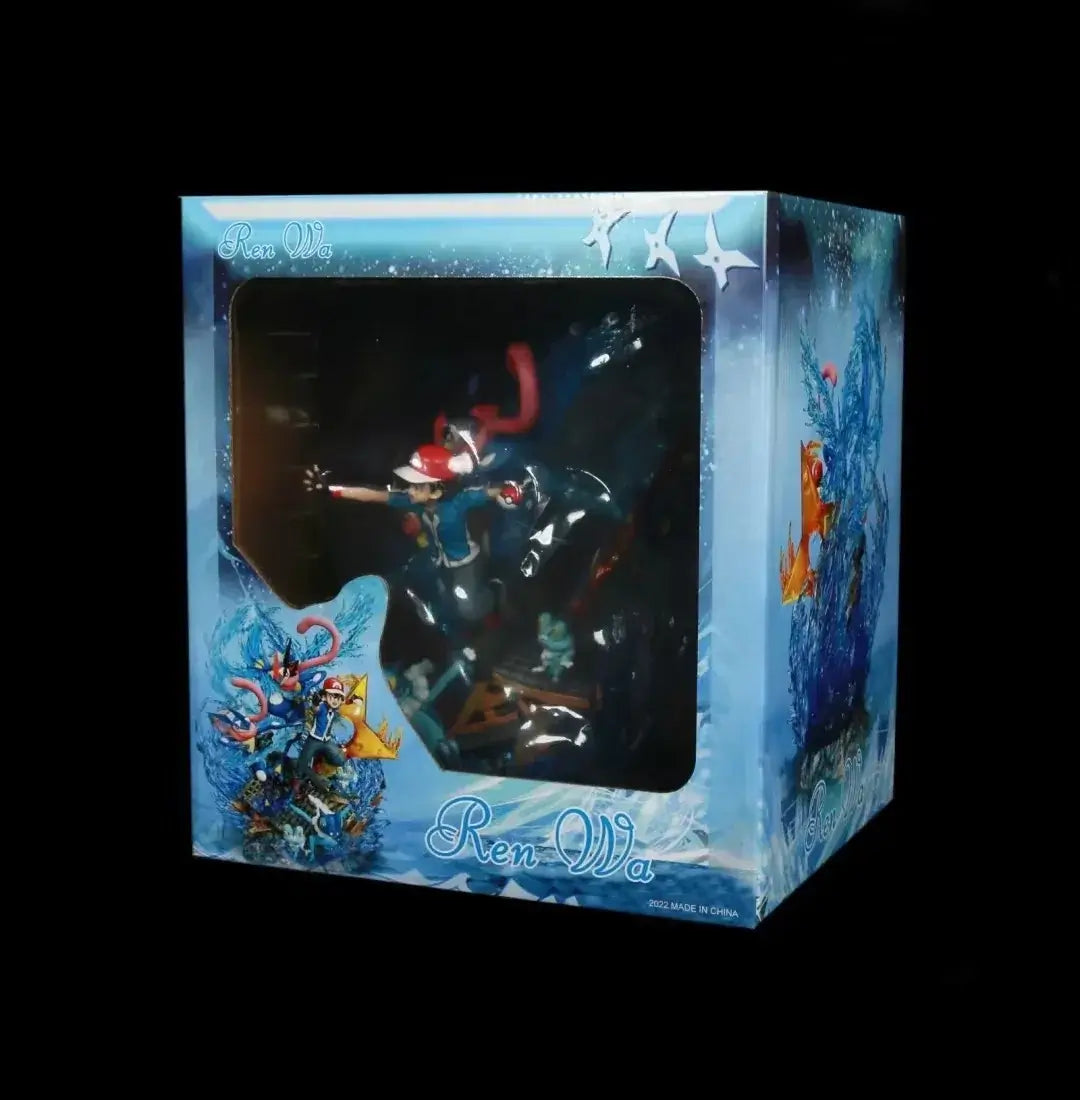 Ash Ketchum Greninja action figure depicted in dynamic pose with water effects and various Pokémon companions.