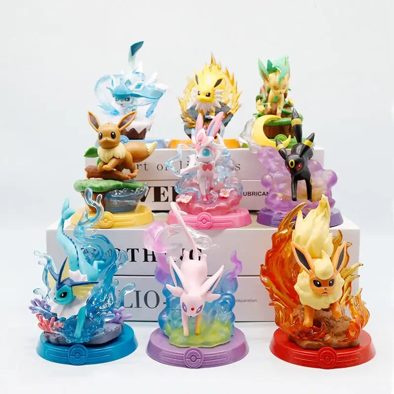 Pokemon Eevee family action figures collection featuring various Eevee evolutions in colorful designs.