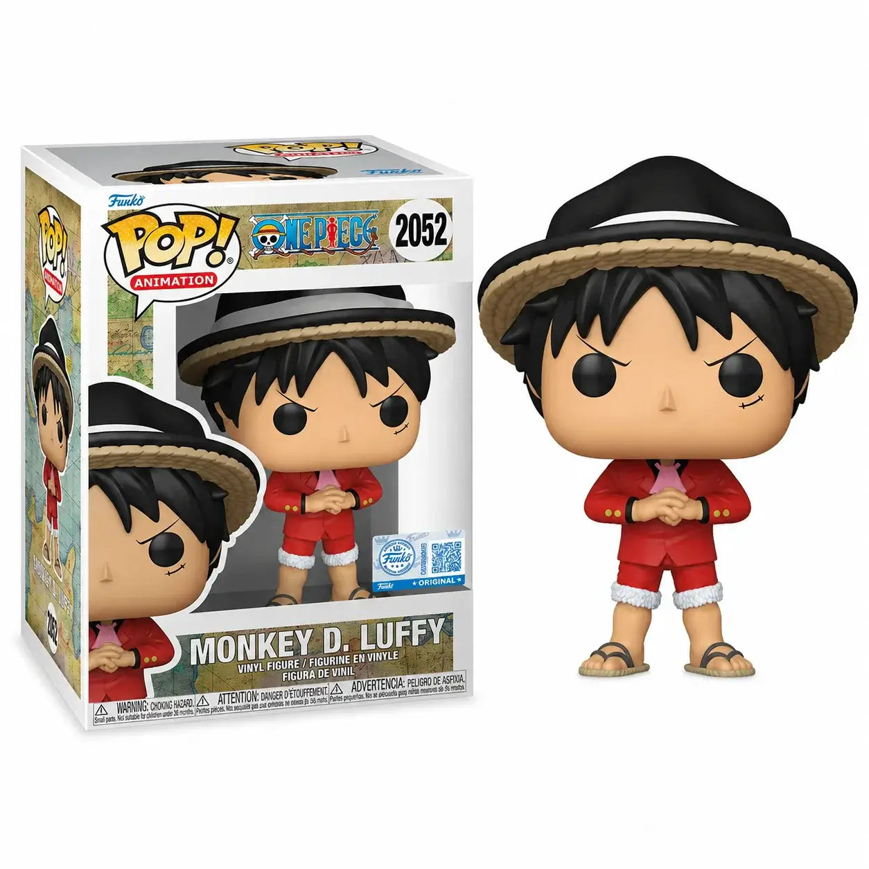 Monkey D. Luffy Funko Pop collectible figure in box from One Piece series, showcasing iconic character design.