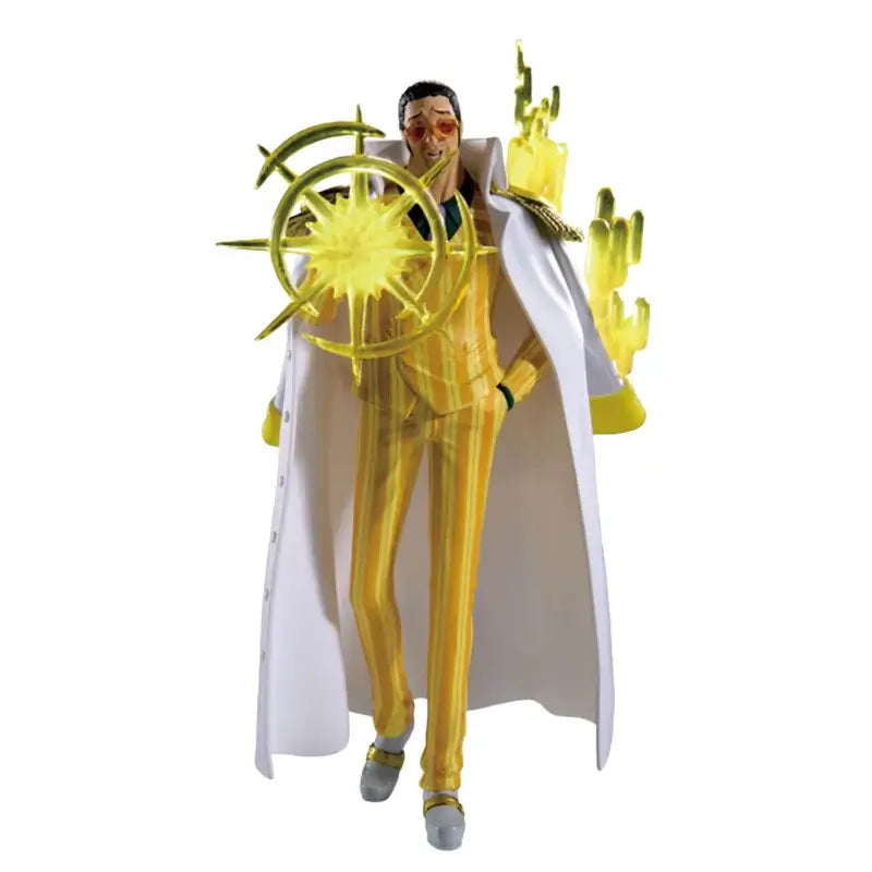 Bandai One Piece Logia Borsalino Figure in vibrant yellow outfit with unique accessories and detail.