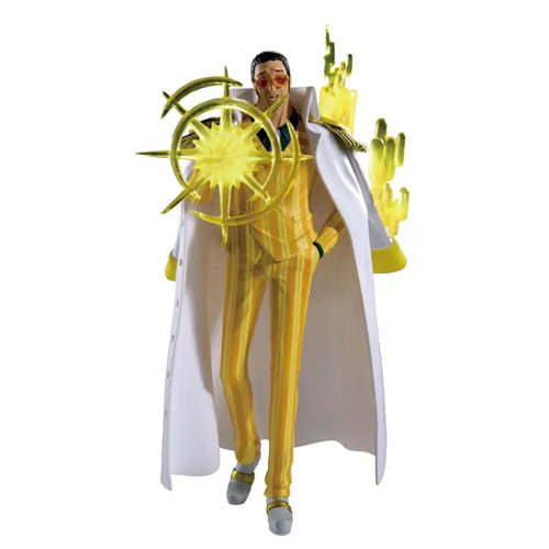 Bandai One Piece Logia Borsalino Figure in vibrant yellow outfit with unique accessories and detail.