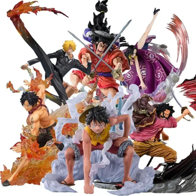 ONE PIECE figure mystery box featuring various anime characters in dynamic poses and vibrant colors.