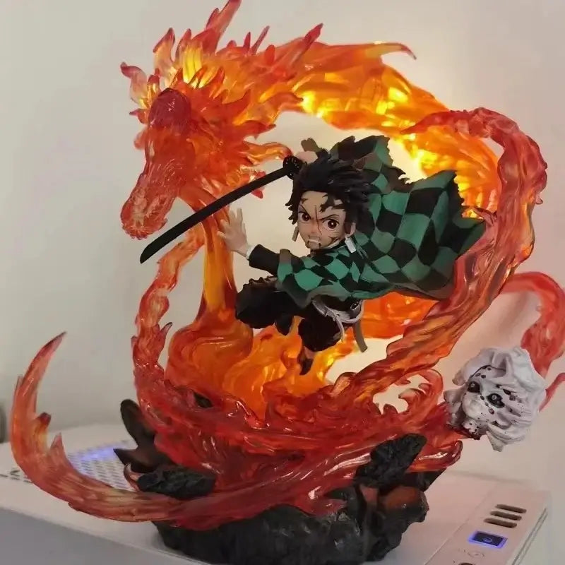 Demon Slayer Tanjiro Kamado statue with fiery dragon design and dynamic action pose, 30cm collectible figure.