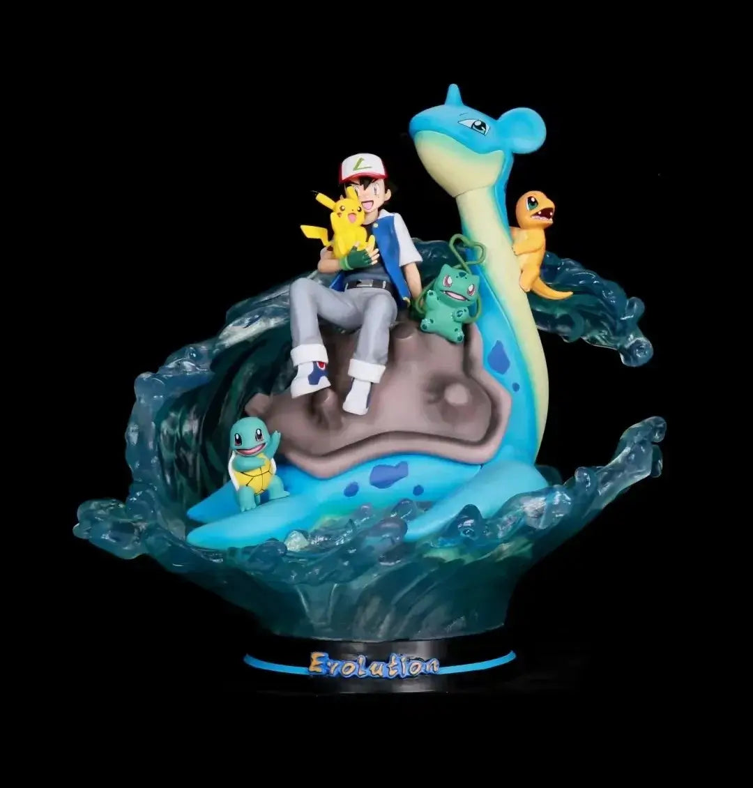 Anime Pokemon action figure collectibles featuring Ash Ketchum, Lapras, Pikachu, Charmander, Bulbasaur, and Squirtle statue.