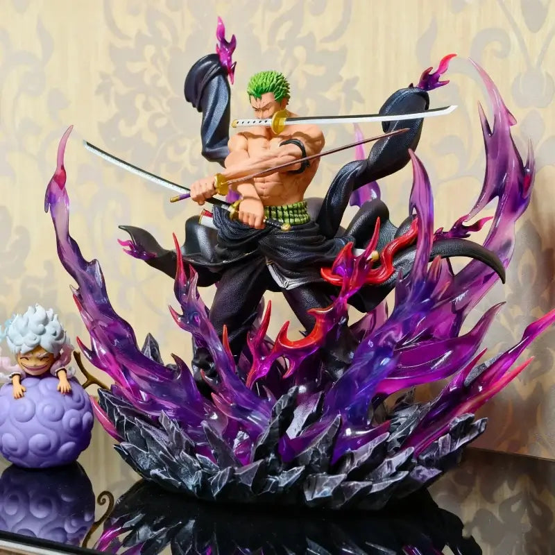 One Piece 30cm Oni Giri Santoryu Zoro Action Figures, detailed figure with swords amidst colorful flames.