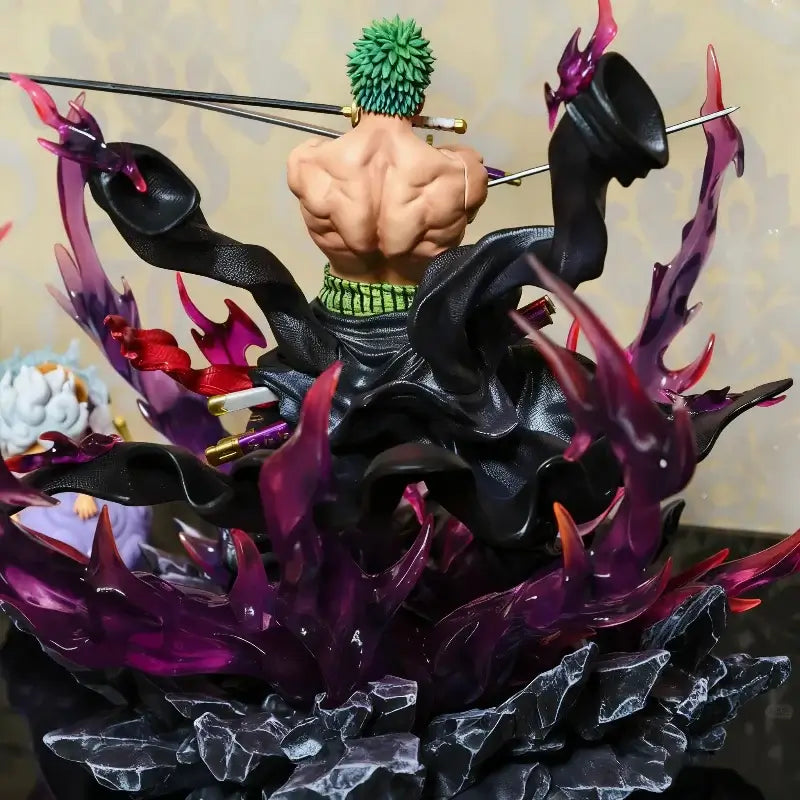 One Piece 30cm Oni Giri Santoryu Zoro Action Figures displayed in dynamic battle pose with swirling purple energy effects.