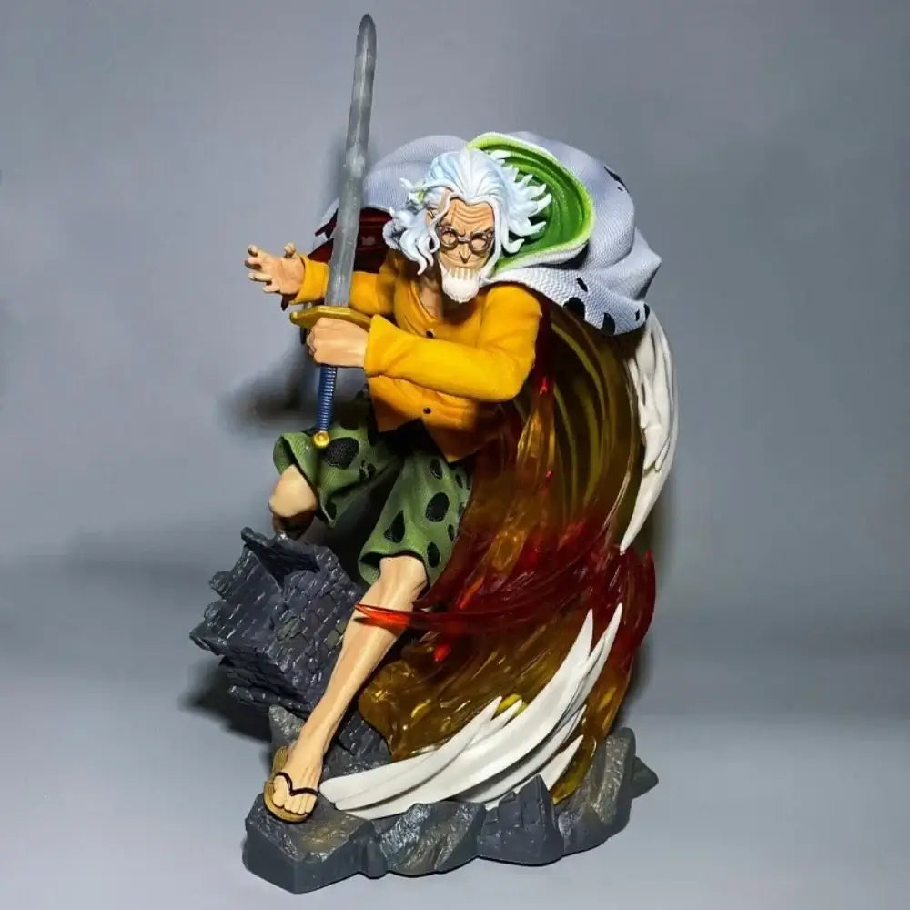 One Piece Silvers Rayleigh Figure 30CM action figure with sword and detailed base, perfect for collectors.
