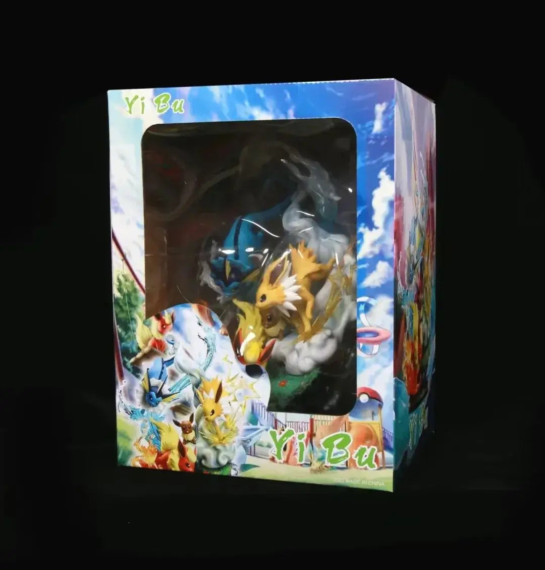 Kawaii Anime Pokemon Eevee evolution action figures in collectible box featuring Flareon, Vaporeon, and Jolteon.