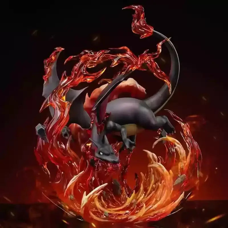 Pokemon Charizard action figure surrounded by swirling flames with a dynamic pose, perfect for collectors.