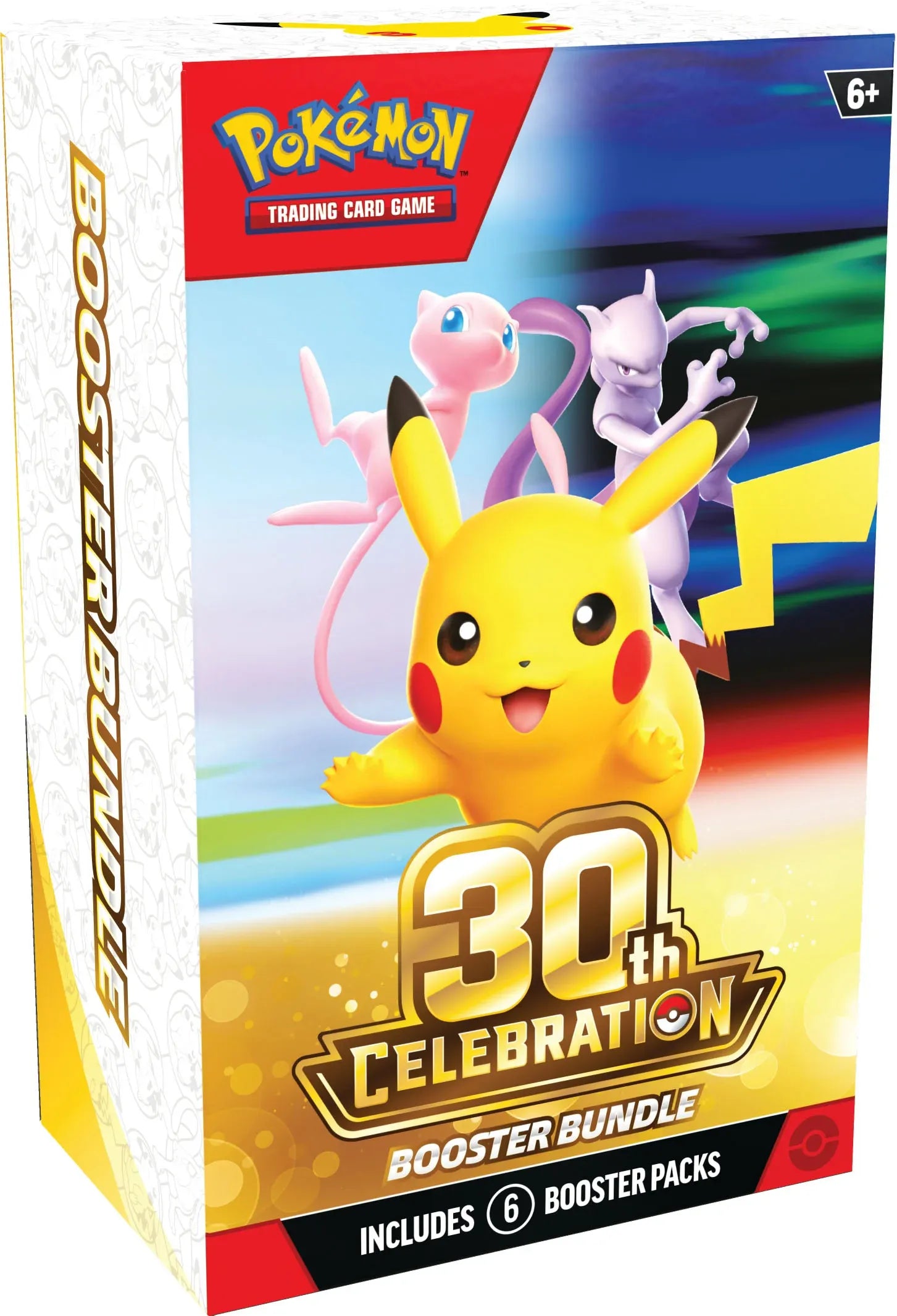 Pokémon TCG 30th Anniversary Booster Bundle packaging featuring Pikachu and iconic Pokémon characters.