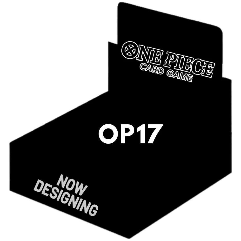 One Piece OP-17 ENG card game design featuring bold text and a sleek black background.