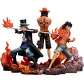 One Piece Mugiwara Brothers figure showcasing Monkey D. Luffy, Portgas D. Ace, and Sabo in dynamic poses.