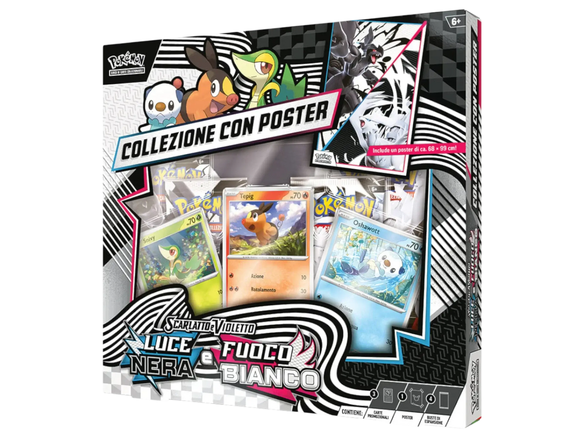 collezione con poster pokémon luce nera e fuoco bianco italiano sigillata