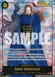 One Piece card game OP-18 booster box giapponese featuring character Saint Shamrock with game stats.