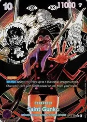 One Piece card game OP-18 booster box giapponese featuring Saint Gunko character card with powers.