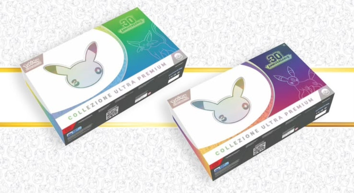 Pokémon Ultra Premium 30th Anniversary Espeon Umbreon collectible boxes featuring vibrant designs.
