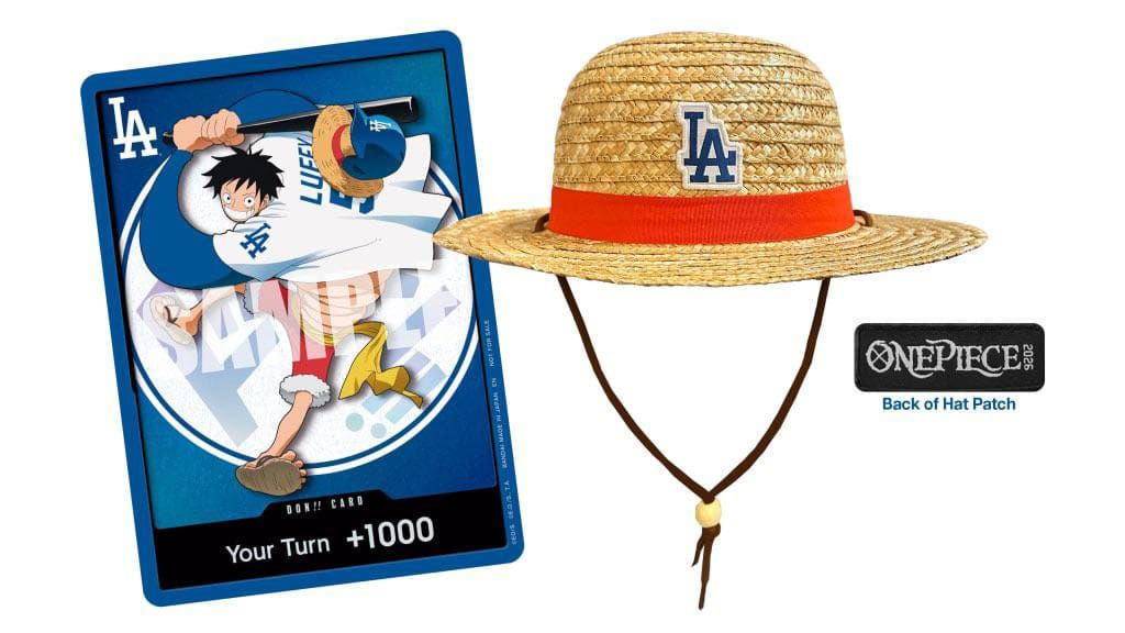 One Piece Card Game Luffy Dodgers promotional card next to a straw hat featuring LA Dodgers logo.