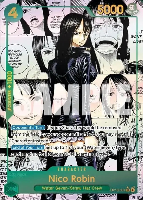 One Piece card game OP-18 booster box giapponese featuring Nico Robin character card with abilities and stats